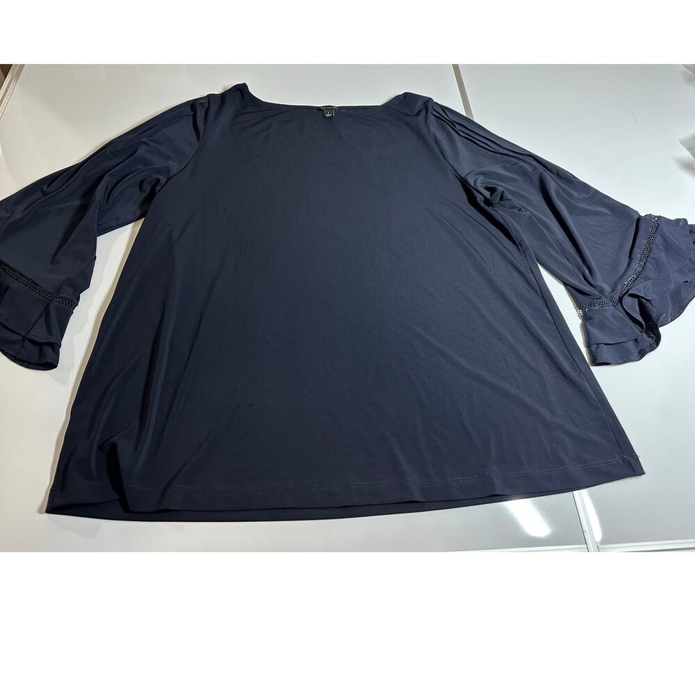 Women L Ann Taylor blue floral 3/4 sheer sleeve crew neck blouse top shirt work